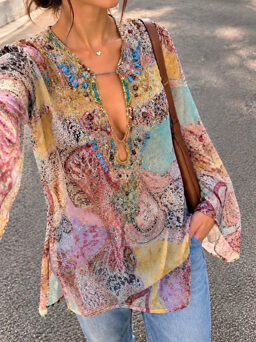 Blush Vintage Sheer Boho Tunic Blouse Beaded Paisley Top Small Medium